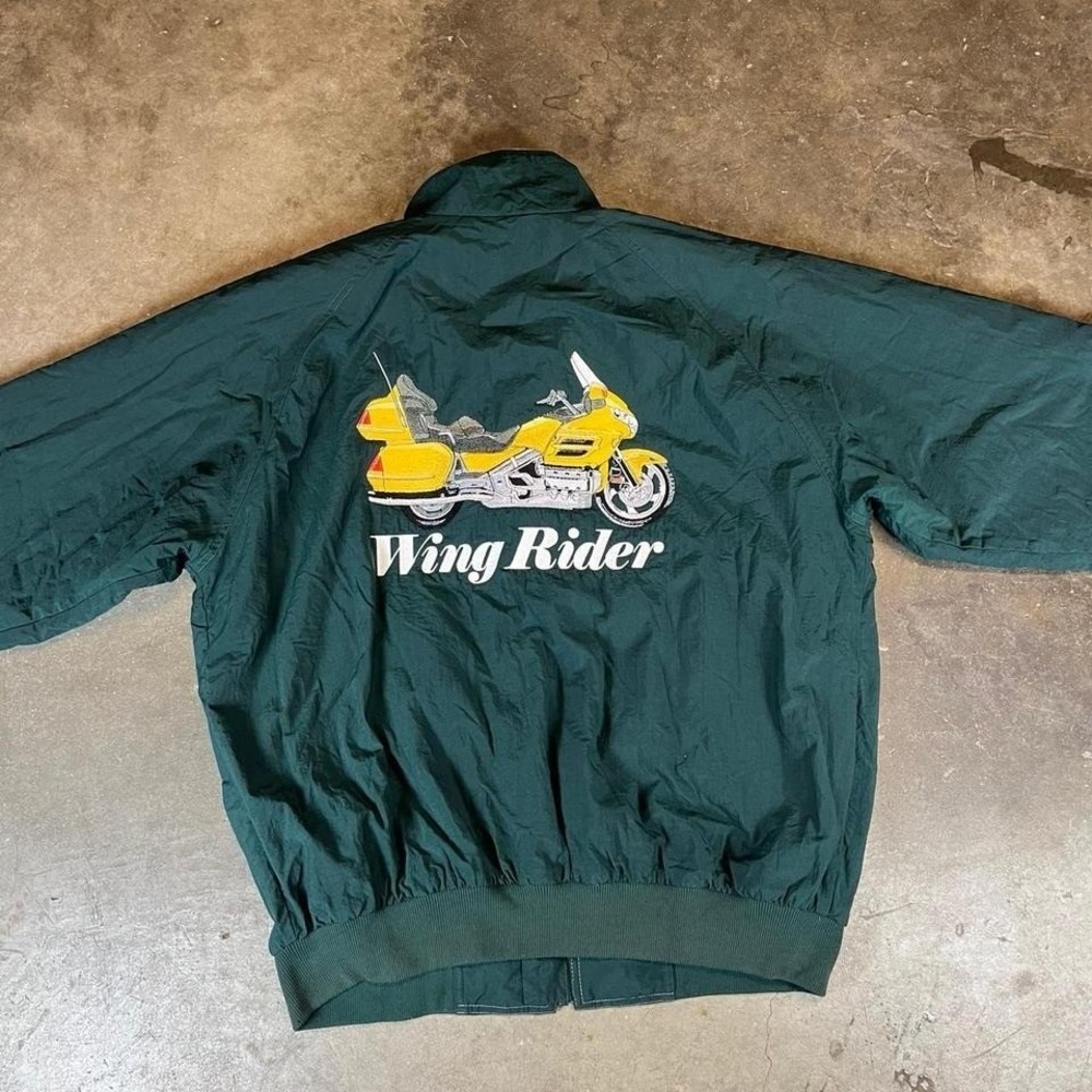 Vintage Y2K green bomber jacket with embroidered motorcycle back hit Men's XL